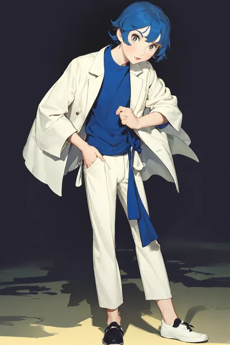 full body, solo, 1girl, blue hair, white eyes, pants, <lora:osamu_tezuka_style_v02:1>