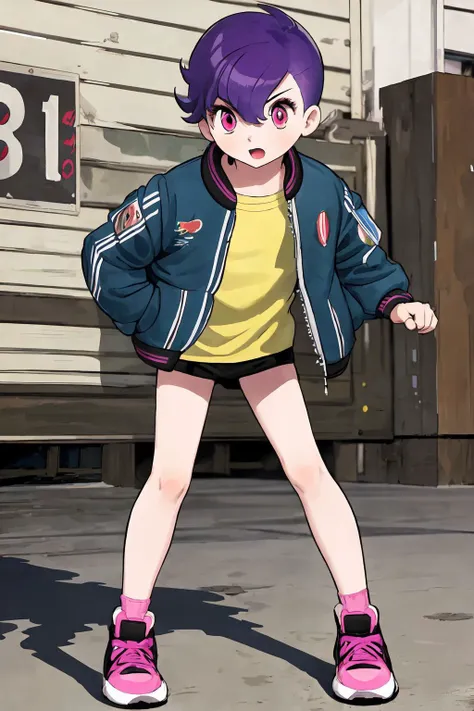 full body, solo, 1boy, purple hair, pink eyes, bomber jacket, <lora:osamu_tezuka_style_v02:1>