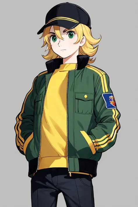 cowboy shot, solo, 1boy, golden hair, dark green eyes, bomber jacket, <lora:osamu_tezuka_style_v02:1>