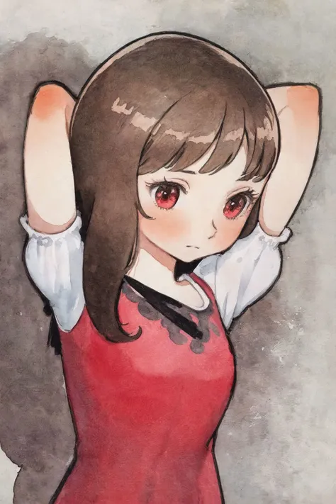 solo, 1girl, arms behind head, embarrassed, watercolor_\(medium\), marker_\(medium\),   <lora:osamu_tezuka_style_v02:1>