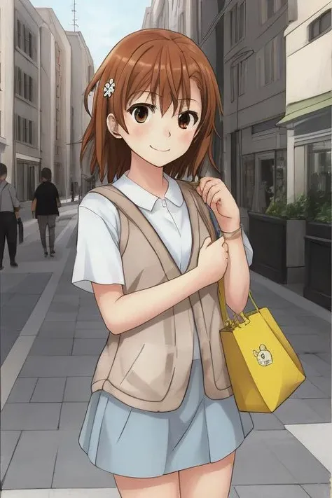<lora:misaka_mikoto:0.65>1girl,solo, misaka_mikoto, wearing casual clothes, best quality, shopping bag, street