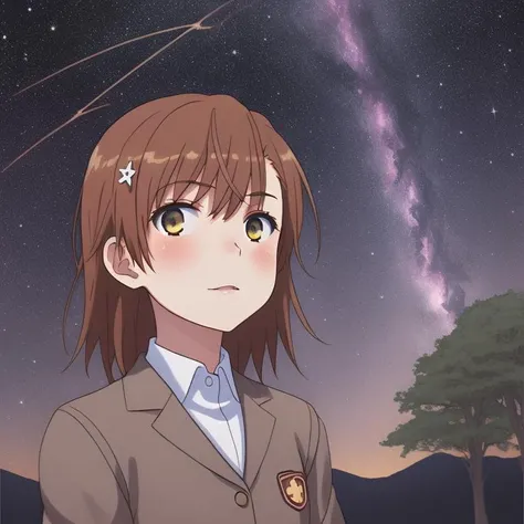 <lora:misaka_mikoto:0.65>1girl, misaka_mikoto, solo, closeup best quality, starry sky, looking at view, dark sky, (Meteor: 1.2), Nebulae, universe, Wilderness, Twinkling Stars