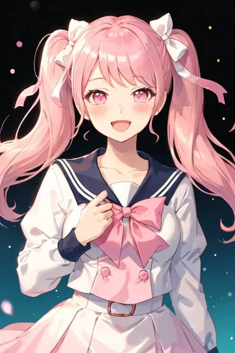 best quality, masterpiece, highres, solo, {maruyama_aya_bangdream:1.15}, pink_hair, bangs, pink_eyes, blush, smile, open_mouth, bow, ribbon, twintails, sidelocks, long_hair, hair_ribbon, hair_bow, 1girl, hanasakigawa_school_uniform, long_sleeves, looking_at_viewer, sailor_collar, school_uniform, white_sailor_collar, red_ribbon, brown_dress, dress, neck_ribbon, sailor_dress, :d, buttons, double-breasted, simple_background, upper_body