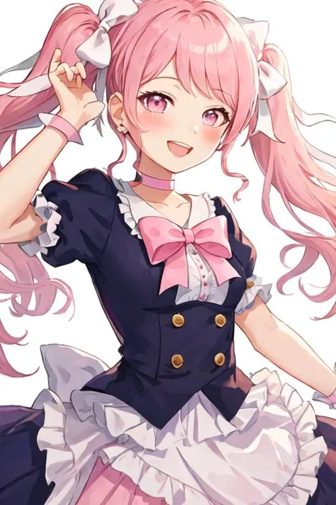 best quality, masterpiece, highres, solo, {maruyama_aya_bangdream:1.15}, pink_hair, bangs, pink_eyes, blush, smile, open_mouth, bow, ribbon, twintails, sidelocks, long_hair, hair_ribbon, hair_bow