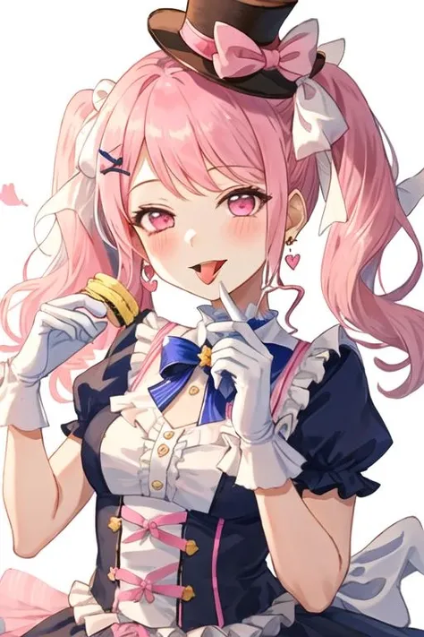 best quality, masterpiece, highres, solo, {maruyama_aya_bangdream:1.15}, pink_hair, bangs, pink_eyes, blush, smile, open_mouth, bow, ribbon, twintails, sidelocks, long_hair, hair_ribbon, hair_bow, 1girl, blue_headwear, drill_hair, food, food-themed_hair_ornament, frills, fruit, gloves, hair_ornament, hat, jewelry, looking_at_viewer, macaron, neck_ribbon, strawberry, striped, striped_ribbon, upper_body, white_gloves, bowtie, center_frills, earrings, hat_ribbon, striped_bow, alternate_hairstyle, heart, tongue, tongue_out, top_hat, white_background, white_ribbon, mini_hat, one_eye_closed, pink_bow