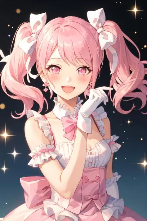 best quality, masterpiece, highres, solo, {maruyama_aya_bangdream:1.15}, pink_hair, bangs, pink_eyes, blush, smile, open_mouth, bow, ribbon, twintails, sidelocks, long_hair, hair_ribbon, hair_bow, 1girl, :d, earrings, frills, gloves, jewelry, looking_at_viewer, neck_ribbon, striped, striped_ribbon, white_bow, white_gloves, bowtie, hair_ornament, hands_up, pink_bow, pink_bowtie, pink_ribbon, striped_bow, striped_bowtie, white_ribbon, dress, flower_earrings, sparkle, upper_body