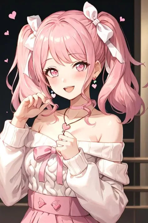 best quality, masterpiece, highres, solo, {maruyama_aya_bangdream:1.15}, pink_hair, bangs, pink_eyes, blush, smile, open_mouth, bow, ribbon, twintails, sidelocks, long_hair, hair_ribbon, hair_bow, 1girl, looking_at_viewer, sweater, jewelry, long_sleeves, necklace, off-shoulder_sweater, off_shoulder, upper_body, heart, white_sweater, bare_shoulders, heart_necklace