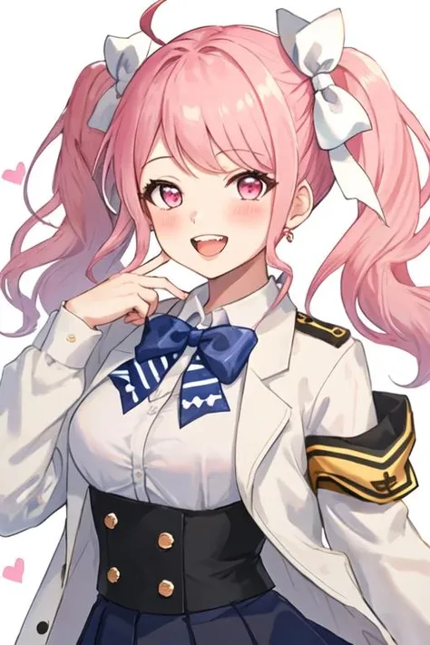 best quality, masterpiece, highres, solo, {maruyama_aya_bangdream:1.15}, pink_hair, bangs, pink_eyes, blush, smile, open_mouth, bow, ribbon, twintails, sidelocks, long_hair, hair_ribbon, hair_bow, 1girl, :d, black_bow, bowtie, hand_up, jacket, long_sleeves, looking_at_viewer, one_side_up, polka_dot, polka_dot_bow, school_uniform, shirt, simple_background, white_background, black_bowtie, polka_dot_ribbon, white_shirt, breasts, cosplay, upper_body, ahoge, arm_up, black_jacket, collared_shirt, green_bow, heart, medium_hair, skirt, striped, teeth, underbust, upper_teeth_only