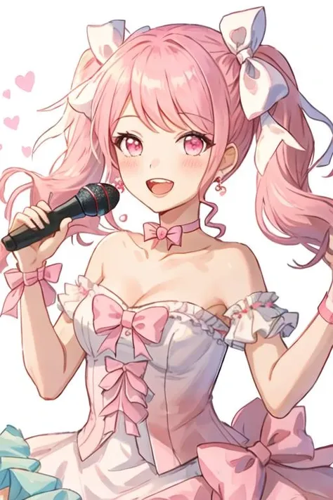 best quality, masterpiece, highres, solo, {maruyama_aya_bangdream:1.15}, pink_hair, bangs, pink_eyes, blush, smile, open_mouth, bow, ribbon, twintails, sidelocks, long_hair, hair_ribbon, hair_bow, 1girl, :d, choker, dress, frills, looking_at_viewer, microphone, pink_bow, pink_choker, holding, holding_microphone, pink_bowtie, white_ribbon, bare_shoulders, frilled_dress, wrist_bow, collarbone, pink_dress, upper_body, frilled_sleeves, strapless_dress, white_background, simple_background, teeth