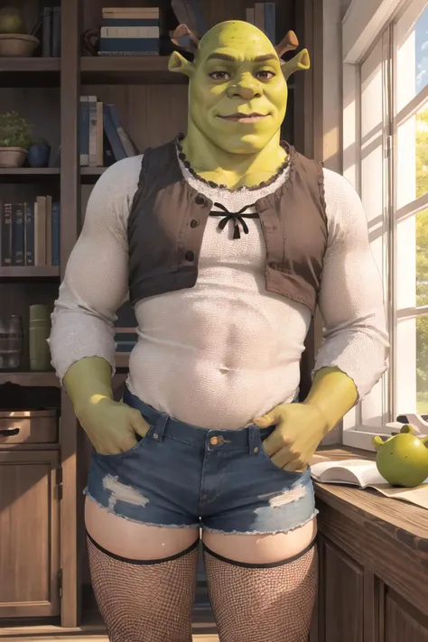 Highly detailed, High Quality, Masterpiece, beautiful, 1boy, edgShort&Fishnets, wearing edgShort&Fishnets, shorts and fishnets, <lora:Outfit_FishnetsAndShorts:0.8>, shrex, green skin, ogre, shrek, <lora:Char_Sigmas_Shrek:0.9>