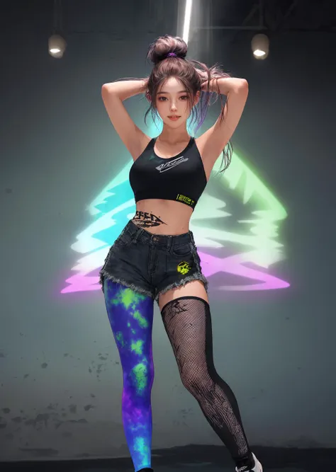1girl,msw, shorts and fishnets,half-up half-down hairstyle, (floating hair),Tie-dye sports bra and leggings set,beautiful long legs,
light smile,(Dancing like a zombie),
<lora:msw_v10:0.7> <lora:edgShort&Fishnets:0.7>