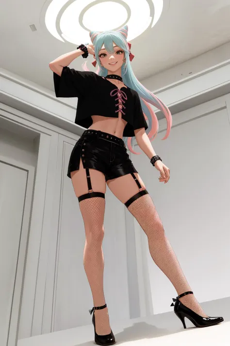 masterpiece, best quality, 1boy, solo, <lora:rosado-nvwls-v1-final:0.8> rosado, cone hair buns, hair bow, black crop top, wristband, black skirt, single thighhigh, high heels, <lora:edgShort&Fishnets:1> edgShort&Fishnets, wearing edgShort&Fishnets, shorts and fishnets, from below, smile