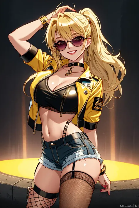 (solo,1girl:1.3)Masterpiece, absurdres,HDR,8k,excited,smirking,best quality,
edgShort&Fishnets,Blonde Nadia with sunglasses and a choker, in shorts and fishnets and a leather jacket , wearing edgShort&Fishnets,
<lora:edgShort&Fishnets:1> <lora:Nadia:0.45>