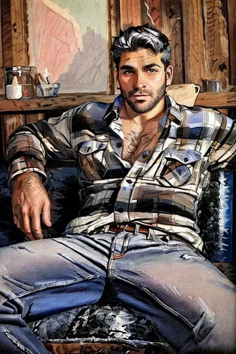 <lora:Quinquela_AI_v2:1> quinquela, painting of a man sitting on the sofa of a ski lodge, stubble, black hair, hairy, jeans, flannel shirt