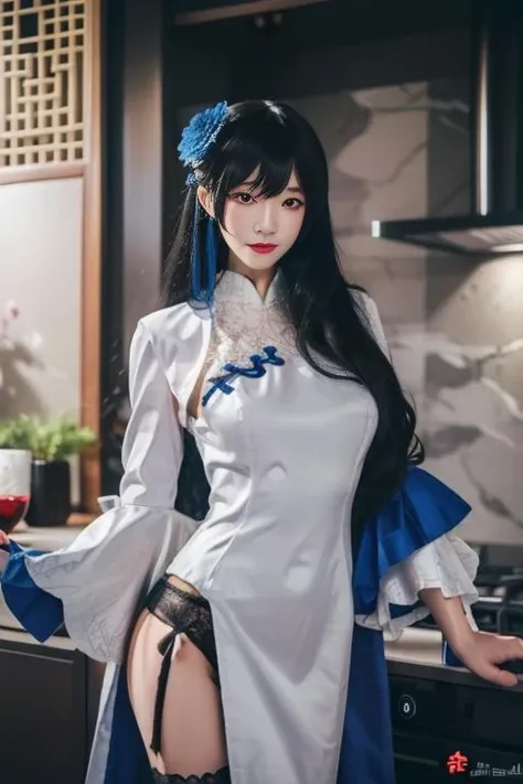 ultra-detailed,highly detailed,best quality,masterpiece,illustration,
1girl, gftype95, type 95 \(girls' frontline\),cosplay, cowboy shot,
chinese clothes,china dress,long dress, frilled sleeves, long sleeves, clothing cutout,
indoors, kitchen,
<lora:gftype95_v1_04:0.9>