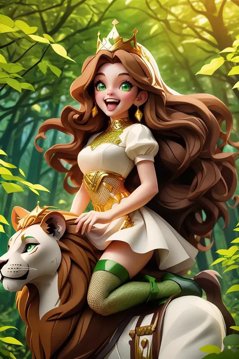 a 1girl,long brown hair, Wear fishnet stockings,beautiful green eyes,Riding on a male lion,white dress,Wearing a crown,laughing, sexy,in the forest,