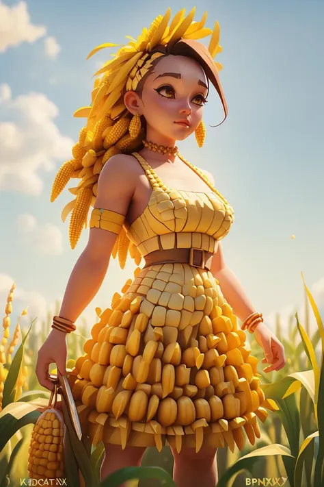 A girl in a dress made of corn,standing in the cornfield, Corn skirt,bikini made of corn kernels,blender \(medium\), octane \(apex legends'), 3D rendering, 8K, best quality, masterpiece, detailed