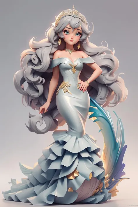 anime artwork pixar,3d style,toon,masterpiece,best quality,good shine,OC rendering,best quality,4K,super detail,1girl,((full body)),looking at viewer,standing,,Elegant off-the-shoulder gown with a mermaid silhouette and intricate lace details,,light grey background,clean background,anime style,key visual,vibrant,studio anime,highly detailed,