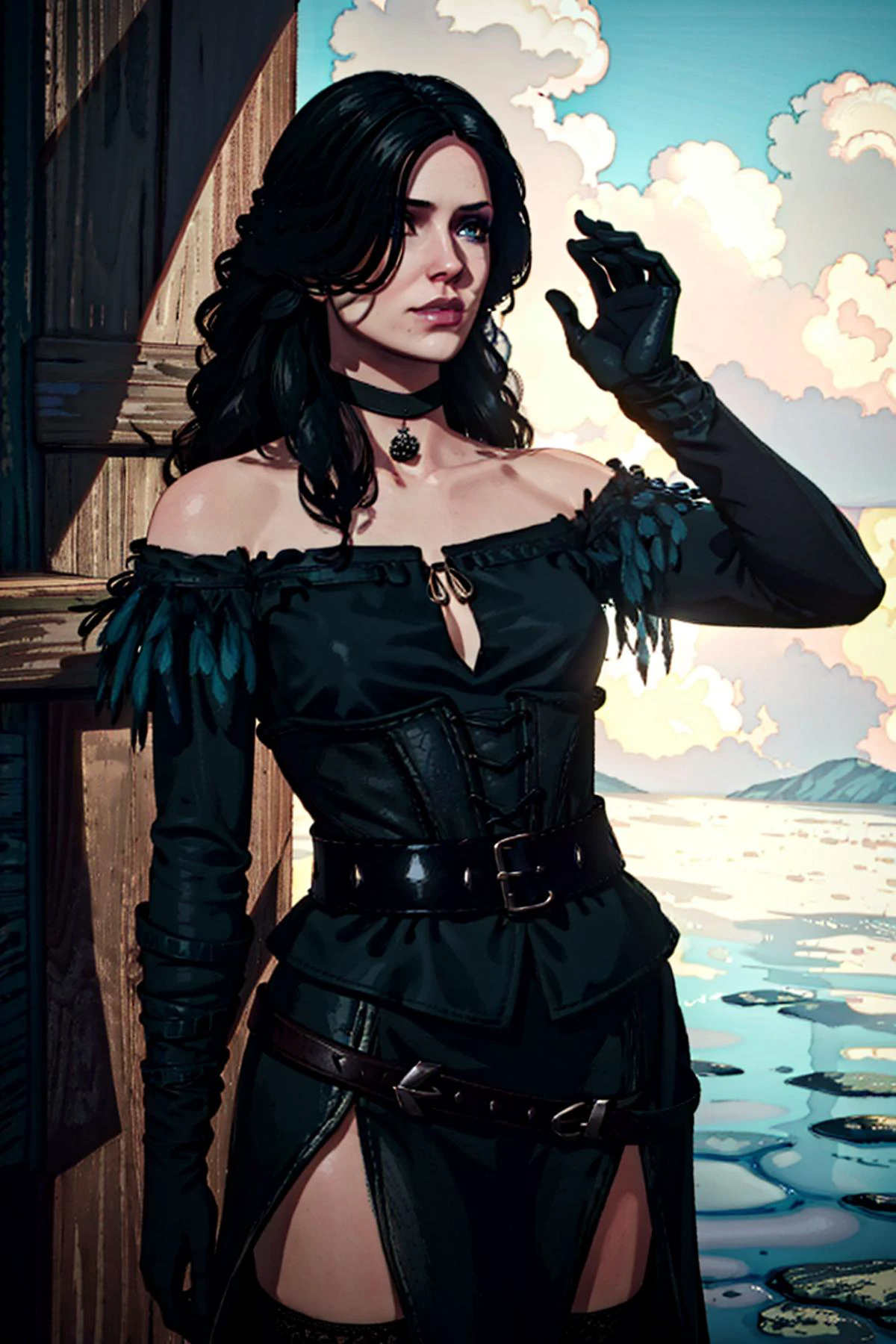 <lora:yen-06:1>yennefer,hair over one eye, witcheralt, thighhighs, belt, bare shoulders, black gloves, gothic, black dress,black choker, black dress, cleavage,