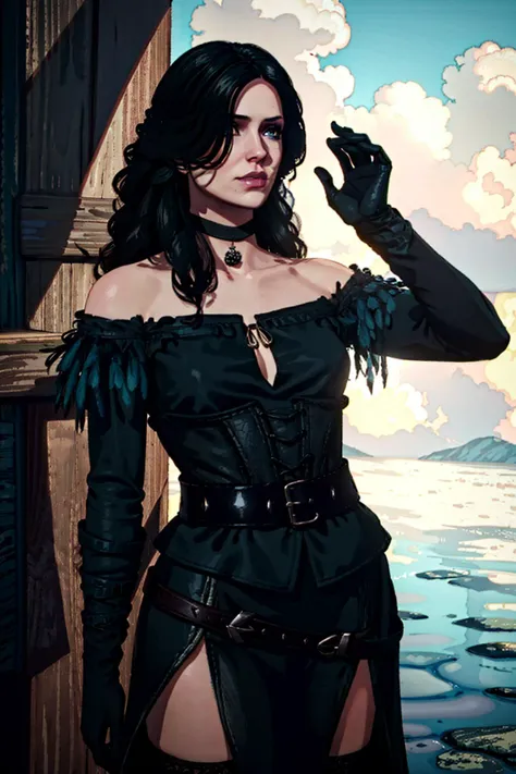 <lora:yen-06:1>yennefer,hair over one eye,  witcheralt, thighhighs, belt, bare shoulders, black gloves, gothic, black dress,black choker, black dress, cleavage,