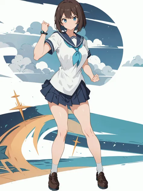 (masterpiece, best quality, highres, absurdres:1.3) (illustration:1.3), (anime:1.2), (art by kantoku:1.2). (detailed:1.1), nice hands, perfect hands. (toned:1.2)
BREAK
1girl, (solo:1.8), (standing:1.2), (straight-on:1.6), (full body:1.2), (raised fist:1.2), medium breasts, intricate (dark brown hair:1.2), blue eyes, (bob cut:1.4), (left swept bangs:1.15), futuristic black bracelet on right wrist, white socks, loafers, serafuku, (brave, powerful, serious, determined, dominant:1.4)
BREAK
(white sailor shirt:1.2), (dark blue pleated skirt:1.2), (dark blue sailor collar:1.2), (light blue neckerchief:1.25), short sleeves, (simple background:1.2), (sidelighting:1.2) <lora:hyperrefiner_v090:1> <lora:tachi-e:1>,