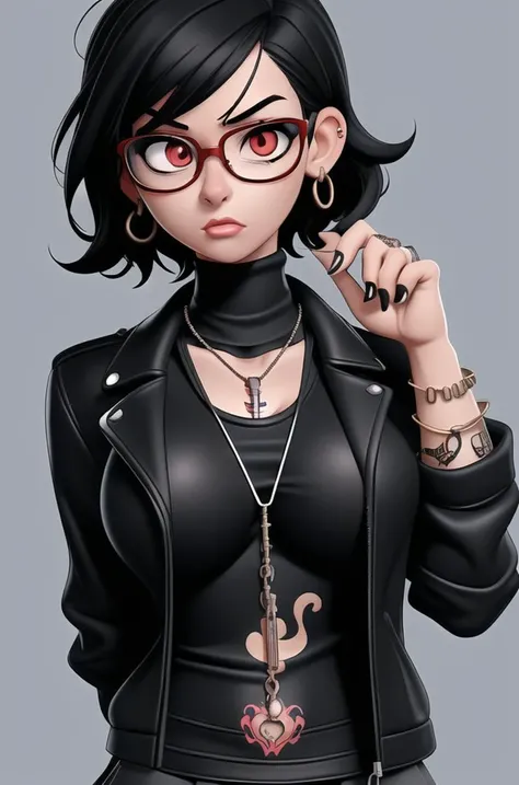 1girl, black_hair, breasts, chain, chain_necklace, glasses, holding, jacket, jewelry, looking_at_viewer, medium_breasts, necklace, red_eyes, round_eyewear, short_hair, solo, tattoo, turtleneck