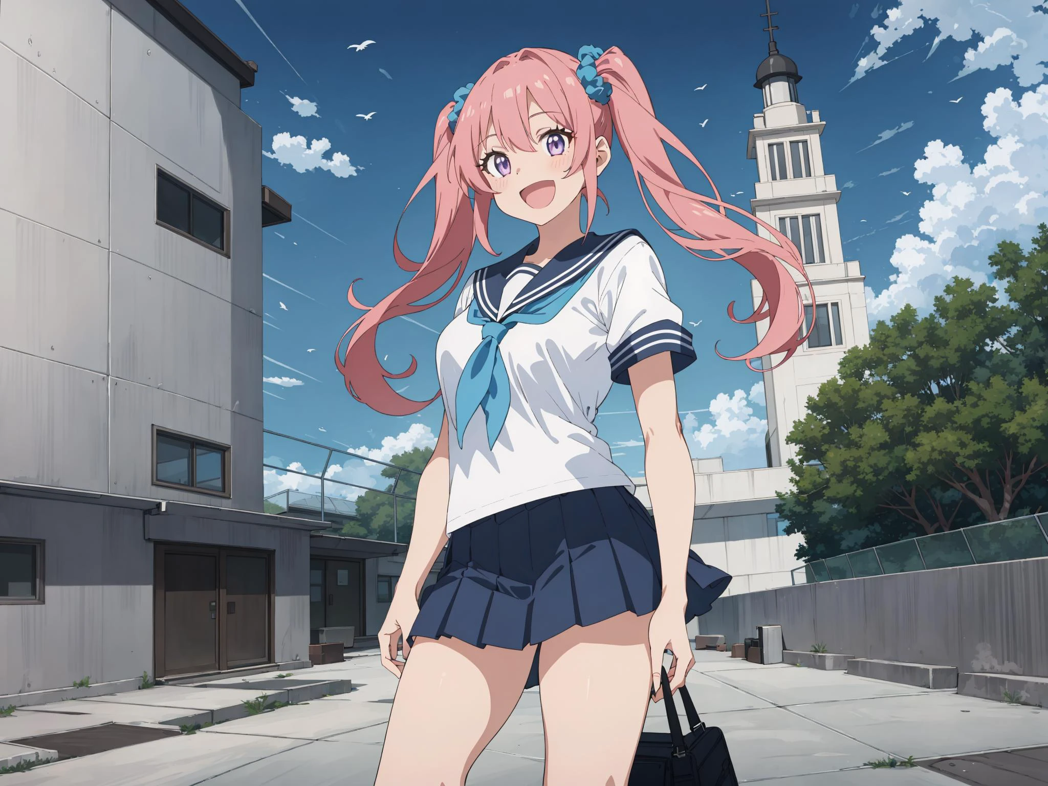 (masterpiece, best quality, highres, absurdres:1.3) (illustration:1.3), (anime:1.2), (anime coloring, flat color:1.2), (art by kantoku:1.2). (detailed:1.1), nice hands, perfect hands.
BREAK
1girl, (solo:1.2), (standing:1.2), arms at side, cowboy shot, medium breasts, intricate (pink hair:1.2), (long hair:1.4), (twintails:1.4), (high twintails, long twintails:1.5), hair scrunchie, purple eyes, (happy, enthusiastic:1.2)
BREAK
(white sailor shirt:1.2), (dark blue pleated skirt:1.2), (dark blue sailor collar:1.2), (light blue neckerchief:1.25), short sleeves, school rooftop, school, building, fence, (noon:1.2), (outdoors:1.2), cinematic composition, cinematic lighting, volumetric lighting, ambient occlusion, ray tracing reflections, HDR, (sidelighting:1.2) <lora:Silicon-landscape-isolation:0.4:lbw=0,0,0.5,1,0.7,1,0.7,0.7,0.4,0,0,0,0,0,0,0.5,1> <lora:anime_lineart_offset_v2:0.3:lbw=GAFU> <lora:add_detail:0.1> <lora:school_rooftop_v0.1:1>