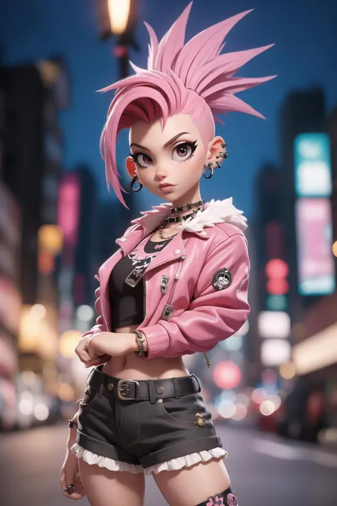 masterpiece,best quality,punk girl with pink mohawk hair, blurred night city background