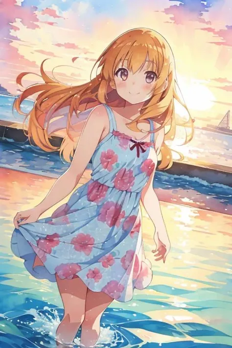 A young girl in a light floral dress, feet in the water, smile, ^_^, hair in the wind, long hair, golden hour, anime style, manga, watercolor