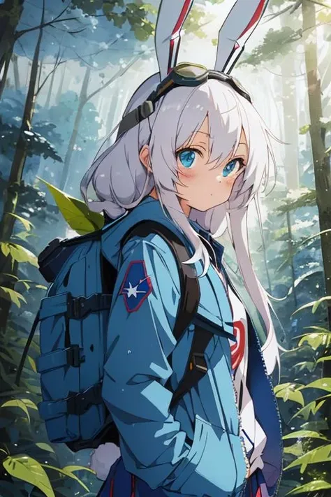 (best-quality:0.8), perfect anime illustration, 1girl, solo, long white hair, cyborg, (bunny ears, goggles on head, blue jacket, wearing a small backpack, hiking through a forest), mecha, automaton, creature, plant sprout, blossoms, raindrops, spring, magic, (close up), advntr