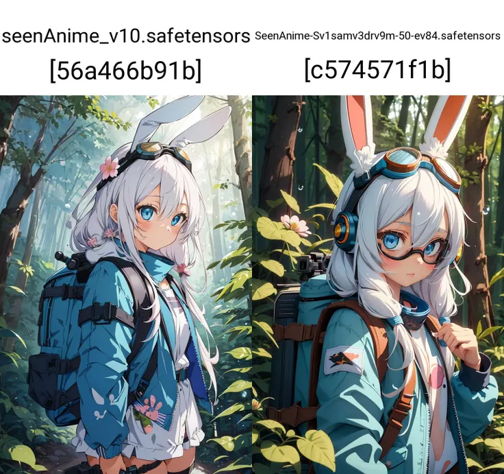 (best-quality:0.8), perfect anime illustration, 1girl, solo, long white hair, cyborg, (bunny ears, goggles on head, blue jacket, wearing a small backpack, hiking through a forest), mecha, automaton, creature, plant sprout, blossoms, raindrops, spring, magic, (close up), advntr