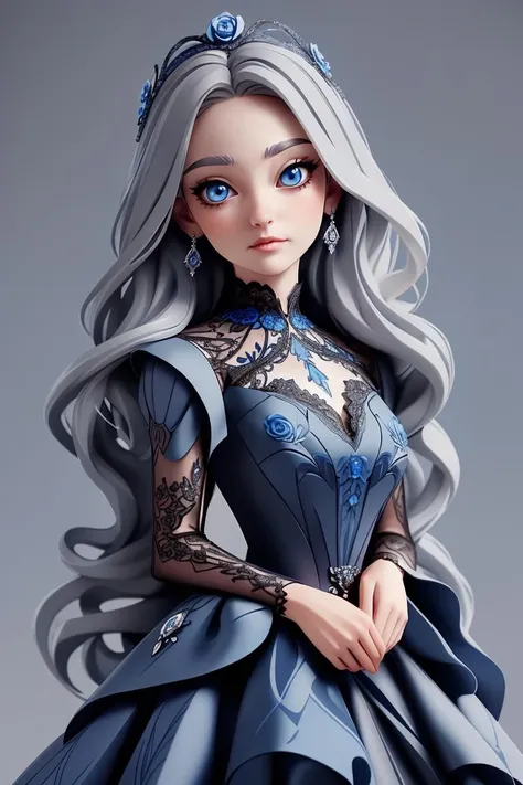 (masterpiece), (best quality), (ultra detailed), grey hair,long hair, blue eyes, little black dress, intricate dress, lace, silver trim, (art nouveau), sapphire, blue rose dress ornament