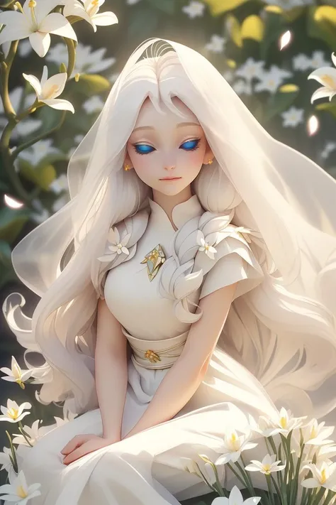 masterpiece,best quality,extremely detailed CG unity 8k wallpaper,.(pure:1.3), (serene:1.1), (ethereal:1.1), 1girl, (white attire:1.3), (long flowing hair:1.2), (pale skin), (blue eyes:1.1), (gentle smile), (graceful), (sitting pose:1.2), (delicate hands), (gossamer dress:1.1), (luminous), (soft lighting:1.3), (tranquil setting), (garden background:1.2), (flower petals), (white lilies:1.2), (peaceful), (subtle glow), (radiant beauty), (youthful), (enchanting:1.3), (dreamlike), (whimsical), (calm), (harmony), (gentle breeze:1.1), (soft shadows), (sunlight streaming:1.2), (glistening), (timeless elegance), (heavenly), (floating hair), (effortless grace), (spiritual), (otherworldly:1.2), (celestial), (divine), (captivating), (alluring), (reverent), (humble), (compassionate), (painterly), (mesmerizing), (inspiring) ,cowboy shot, . ,