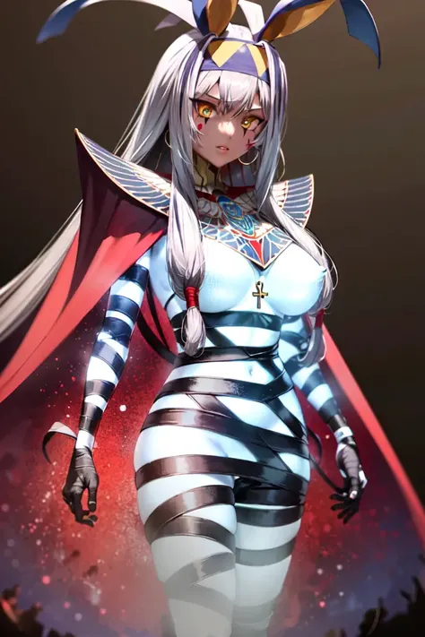 (masterpiece, best quality:1.2), nitocris alter, fgo, (stage 1, glowing body, bandages:1.4), 1girl, egyptian, yellow eyes, bangs, very long hair, white hair, rabbit ears, facial markings, large breasts, hairband, sidelocks, jewelry, hoop earrings, red cape, dark background <lora:NITOALTER-15:0.9>