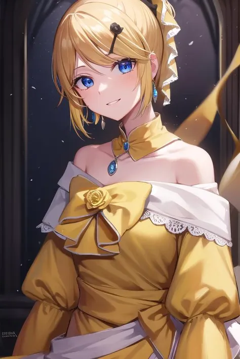riliane, <lora:riliane-lora-nochekaiser:1>,
riliane, blonde hair, blue eyes, ponytail, short hair, parted bangs, smile, grin,
BREAK bow, bracelet, dangle earrings, detached collar, dress, (yellow dress:1.5), dress bow, earrings, flower, flower brooch, frilled dress, frills, gown, hair bow, hair ornament, hairclip, jewelry, long sleeves, necklace, off shoulder, off-shoulder dress, pendant, sash, wide sleeves,
BREAK cowboy shot, looking at viewer,
BREAK indoors,
BREAK <lyco:GoodHands-beta2:1>, (masterpiece:1.2), best quality, high resolution, unity 8k wallpaper, (illustration:0.8), (beautiful detailed eyes:1.6), extremely detailed face, perfect lighting, extremely detailed CG, (perfect hands, perfect anatomy),