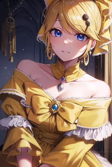 riliane, <lora:riliane-lora-nochekaiser:1>,
riliane, blonde hair, blue eyes, ponytail, short hair, parted bangs, smile, grin,
BREAK bow, bracelet, dangle earrings, detached collar, dress, (yellow dress:1.5), dress bow, earrings, flower, flower brooch, frilled dress, frills, gown, hair bow, hair ornament, hairclip, jewelry, long sleeves, necklace, off shoulder, off-shoulder dress, pendant, sash, wide sleeves,
BREAK cowboy shot, looking at viewer,
BREAK indoors,
BREAK <lyco:GoodHands-beta2:1>, (masterpiece:1.2), best quality, high resolution, unity 8k wallpaper, (illustration:0.8), (beautiful detailed eyes:1.6), extremely detailed face, perfect lighting, extremely detailed CG, (perfect hands, perfect anatomy),