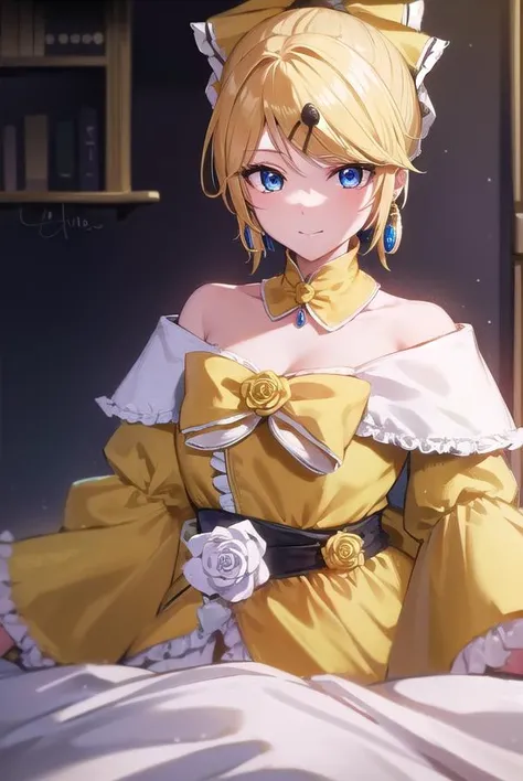 riliane, <lora:riliane-lora-nochekaiser:1>,
riliane, blonde hair, blue eyes, ponytail, short hair, parted bangs, smile, grin,
BREAK bow, bracelet, dangle earrings, detached collar, dress, (yellow dress:1.5), dress bow, earrings, flower, flower brooch, frilled dress, frills, gown, hair bow, hair ornament, hairclip, jewelry, long sleeves, necklace, off shoulder, off-shoulder dress, pendant, sash, wide sleeves,
BREAK cowboy shot, looking at viewer,
BREAK indoors,
BREAK <lyco:GoodHands-beta2:1>, (masterpiece:1.2), best quality, high resolution, unity 8k wallpaper, (illustration:0.8), (beautiful detailed eyes:1.6), extremely detailed face, perfect lighting, extremely detailed CG, (perfect hands, perfect anatomy),
