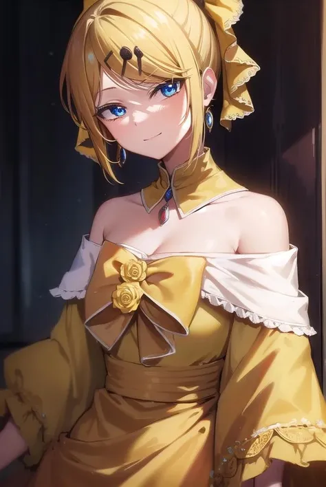 riliane, riliane, blonde hair, blue eyes, ponytail, short hair, parted bangs, smile, grin, BREAK bow, bracelet, dangle earrings, detached collar, dress, (yellow dress:1.5), dress bow, earrings, flower, flower brooch, frilled dress, frills, gown, hair bow, hair ornament, hairclip, jewelry, long sleeves, necklace, off shoulder, off-shoulder dress, pendant, sash, wide sleeves,
BREAK cowboy shot, looking at viewer, (open dress, bare shoulders, nipples, exposed breasts, bare legs, nsfw, pussy:1.5),
BREAK indoors,
BREAK (masterpiece:1.2), best quality, high resolution, unity 8k wallpaper, (illustration:0.8), (beautiful detailed eyes:1.6), extremely detailed face, perfect lighting, extremely detailed CG, (perfect hands, perfect anatomy),