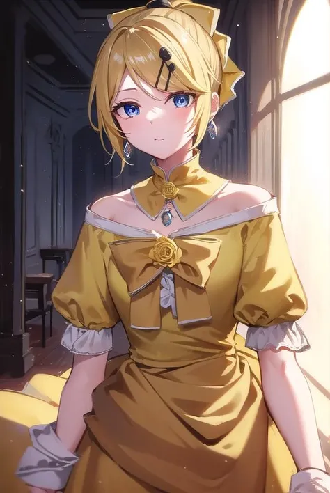 riliane, <lora:riliane-lora-nochekaiser:1>,
riliane, blonde hair, blue eyes, ponytail, short hair, parted bangs,
BREAK bow, bracelet, dangle earrings, detached collar, dress, (yellow dress:1.5), dress bow, earrings, flower, flower brooch, frilled dress, frills, gown, hair bow, hair ornament, hairclip, jewelry, long sleeves, necklace, off shoulder, off-shoulder dress, pendant, sash, wide sleeves,
BREAK cowboy shot, looking at viewer,
BREAK indoors,
BREAK <lyco:GoodHands-beta2:1>, (masterpiece:1.2), best quality, high resolution, unity 8k wallpaper, (illustration:0.8), (beautiful detailed eyes:1.6), extremely detailed face, perfect lighting, extremely detailed CG, (perfect hands, perfect anatomy),