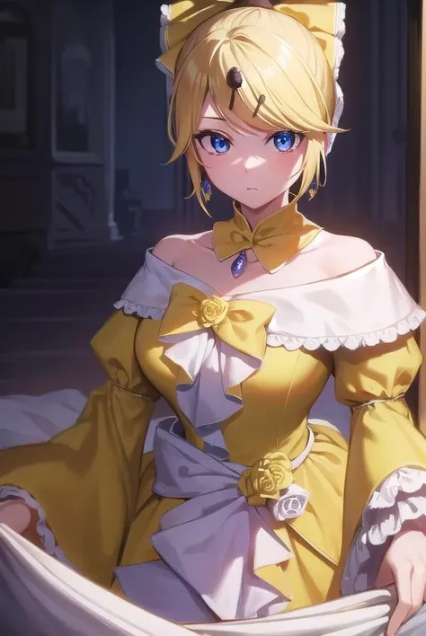 riliane, riliane, blonde hair, blue eyes, ponytail, short hair, parted bangs, (expressionless, empty eyes), BREAK bow, bracelet, dangle earrings, detached collar, dress, (yellow dress:1.5), dress bow, earrings, flower, flower brooch, frilled dress, frills, gown, hair bow, hair ornament, hairclip, jewelry, long sleeves, necklace, off shoulder, off-shoulder dress, ((cleavage, sexy, small breasts)), ((pov, from above)), pendant, sash, wide sleeves, BREAK cowboy shot, looking at viewer, BREAK indoors, BREAK (masterpiece:1.2), best quality, high resolution, unity 8k wallpaper, (illustration:0.8), (beautiful detailed eyes:1.6), extremely detailed face, perfect lighting, extremely detailed CG, (perfect hands, perfect anatomy),
