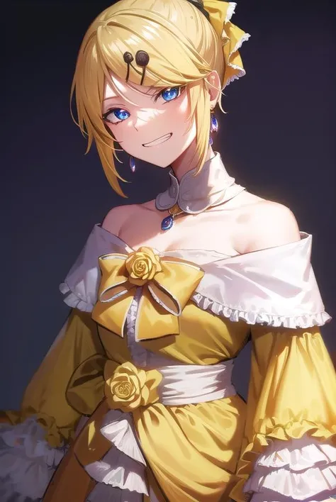 riliane, <lora:riliane-lora-nochekaiser:1>,
riliane, blonde hair, blue eyes, ponytail, short hair, parted bangs, <lora:gekioko_v200:1>, smile, grin, <lora:talkmouth_I_v100:1>,
BREAK bow, bracelet, dangle earrings, detached collar, dress, (yellow dress:1.5), dress bow, earrings, flower, flower brooch, frilled dress, frills, gown, hair bow, hair ornament, hairclip, jewelry, long sleeves, necklace, off shoulder, off-shoulder dress, pendant, sash, wide sleeves,
BREAK cowboy shot, looking at viewer,
BREAK indoors,
BREAK <lyco:GoodHands-beta2:1>, (masterpiece:1.2), best quality, high resolution, unity 8k wallpaper, (illustration:0.8), (beautiful detailed eyes:1.6), extremely detailed face, perfect lighting, extremely detailed CG, (perfect hands, perfect anatomy),