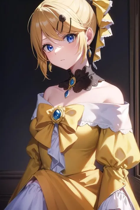 riliane, <lora:riliane-lora-nochekaiser:1>,
riliane, blonde hair, blue eyes, ponytail, short hair, parted bangs,
BREAK bow, bracelet, dangle earrings, detached collar, dress, (yellow dress:1.5), dress bow, earrings, flower, flower brooch, frilled dress, frills, gown, hair bow, hair ornament, hairclip, jewelry, long sleeves, necklace, off shoulder, off-shoulder dress, pendant, sash, wide sleeves,
BREAK cowboy shot, looking at viewer,
BREAK indoors,
BREAK <lyco:GoodHands-beta2:1>, (masterpiece:1.2), best quality, high resolution, unity 8k wallpaper, (illustration:0.8), (beautiful detailed eyes:1.6), extremely detailed face, perfect lighting, extremely detailed CG, (perfect hands, perfect anatomy),
