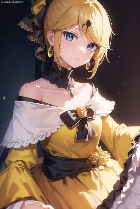 riliane, <lora:riliane-lora-nochekaiser:1>,
riliane, blonde hair, blue eyes, ponytail, short hair, parted bangs,
BREAK bow, bracelet, dangle earrings, detached collar, dress, (yellow dress:1.5), dress bow, earrings, flower, flower brooch, frilled dress, frills, gown, hair bow, hair ornament, hairclip, jewelry, long sleeves, necklace, off shoulder, off-shoulder dress, pendant, sash, wide sleeves,
BREAK cowboy shot, looking at viewer,
BREAK indoors,
BREAK <lyco:GoodHands-beta2:1>, (masterpiece:1.2), best quality, high resolution, unity 8k wallpaper, (illustration:0.8), (beautiful detailed eyes:1.6), extremely detailed face, perfect lighting, extremely detailed CG, (perfect hands, perfect anatomy),