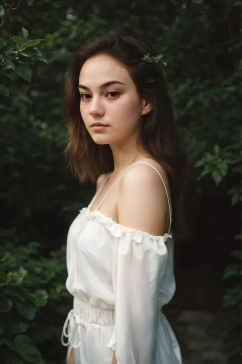 futurasilver12200v52, (closeup) Portrait of pretty young (18-year-old) Caucasian woman ((Gazing into the distance with a dreamy expression, portraying beauty and mystery.:1.07)), (flat chest:1.15), outdoor, BREAK (ginger Soft and Textured Updo: An updo with soft and loose curls, creating a romantic and whimsical look.), no makeup, long dainty necklace, (((elegant, classy, minimalist:1.05) The Sizzling Satin: This romper is made of luscious satin fabric, with a deep V-neckline and a tantalizing appeal.)) , <lora:epi_noiseoffset2:1> BREAK (magazine cover:1.10), BREAK (masterpiece, extremely detailed skin, photorealistic, heavy shadow, dramatic and cinematic lighting, key light, fill light), sharp focus, BREAK location is (outdoor Vancouver, Canada), <lora:InstantPhotoX3:0.4>, <lora:ClothingAdjuster3:-0.7>