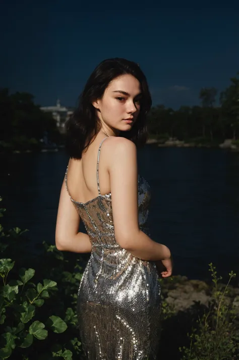 futurasilver12200v52, (closeup) Portrait of pretty young (18-year-old) Caucasian woman ((Walking confidently, head held high.:1.07)), (flat chest:1.15), outdoor, BREAK (brunette Vintage-inspired finger waves with a modern twist: Classic finger waves combined with a contemporary touch, creating a unique and stylish look that's both timeless and fresh.), no makeup, long dainty necklace, (((elegant, classy, minimalist:1.05) Silver sequined bodycon dress with cowl neckline and open back - dazzling and chic.)) , <lora:epi_noiseoffset2:1> BREAK (magazine cover:1.10), BREAK (masterpiece, extremely detailed skin, photorealistic, heavy shadow, dramatic and cinematic lighting, key light, fill light), sharp focus, BREAK location is (outdoor Berlin, Germany), <lora:InstantPhotoX3:0.4>, <lora:ClothingAdjuster3:-0.7>
