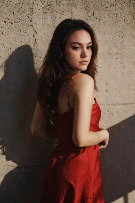 (closeup) Portrait of pretty young (18-year-old) Caucasian (futurasilver5000v5) ((Leaning against a wall, one leg lifted, accentuating the shape of the behind.:1.07)), (flat chest:1.15), outdoor, BREAK (brunette Soft and Textured Updo: An updo with soft and loose curls, creating a romantic and whimsical look.), no makeup, long dainty necklace, (((SFW)Red silk wrap dress with plunging neckline and side tie detail - sultry and chic.)) , <lora:epi_noiseoffset2:1> BREAK (magazine cover:1.10), BREAK (masterpiece, extremely detailed skin, photorealistic, heavy shadow, dramatic and cinematic lighting, key light, fill light), sharp focus, BREAK location is (outdoor Kruger National Park, South Africa), <lora:InstantPhotoX3:0.7>