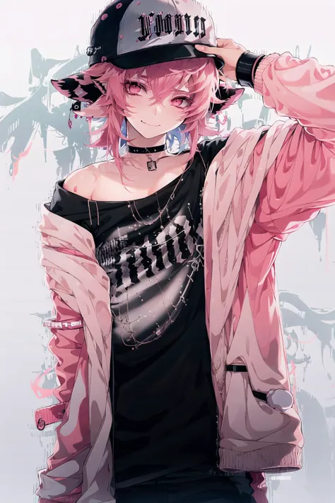 1boy, arm up, bangs, baseball cap, black choker, choker, closed mouth, clothes writing, eyepatch, gradient, gradient background, hair between eyes, hat, jacket, jewelry, looking at viewer, off shoulder, pink eyes, pink hair, pink jacket, shirt, smile, solo, stuffed animal, stuffed toy <lora:mazav1C:0.8>