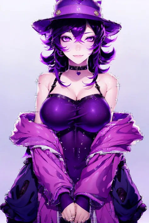 1girl, female, big breast, choker, closed mouth, gradient, gradient background, hair between eyes, hat, jacket, jewelry, looking at viewer, off shoulder, purple eyes, purple hair, purple jacket, shirt, smile, solo, stuffed animal, stuffed toy <lora:estheticMazaStyle_mazev1c:1>