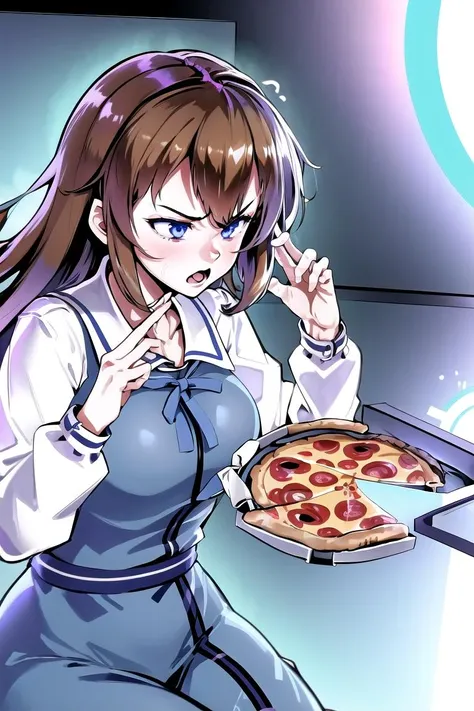 masterpiece, best quality, absurdres, <lora:fujisakiyua-vtuber-richy-v1-000008:1> fujisakiyua, 1girl, solo, open mouth, ManLevitatingPizza <lora:ManLevitatingPizza:0.8> pizza, <lora:ultrainstinct_v3_offset:0.8> ultrainstinct, aura