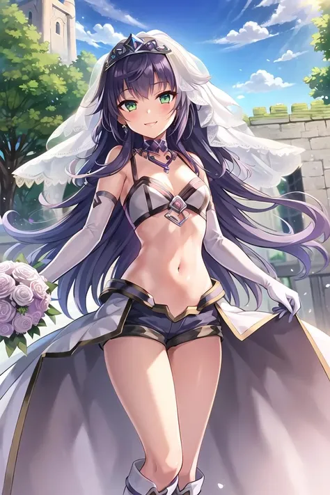 ((masterpiece)),((best quality)),ultra-detailed,illustratio,Explicit,Beautiful body,Beautiful Nose,Beautiful character design,perfect eyes,perfect face,wallpaper,ultra highres,4K,photography,(Beautiful,small breasts:1.2),(beautiful face:1.2),beautiful legs,perfect legs,shiny skin,official style,nsfw,official art,sanime screencap,anime coloring,
1girl,long hair,green eyes,boots,purple hair,navel,shorts,knee boots,breasts,dress,bouquet,(wedding dress:1.5),flower,gloves,jewelry,elbow gloves,cleavage,earrings,smile,veil,bridal veil,white gloves,looking at viewer,white dress,bare shoulders,strapless,white footwear,petals,rose,tiara,pink rose,high heels,(outdoor,castle,Blue sky,White cloud,garden:1.5),arm around back,(Perfect hand,Nice hands),,<lora:Iblee:0.7>